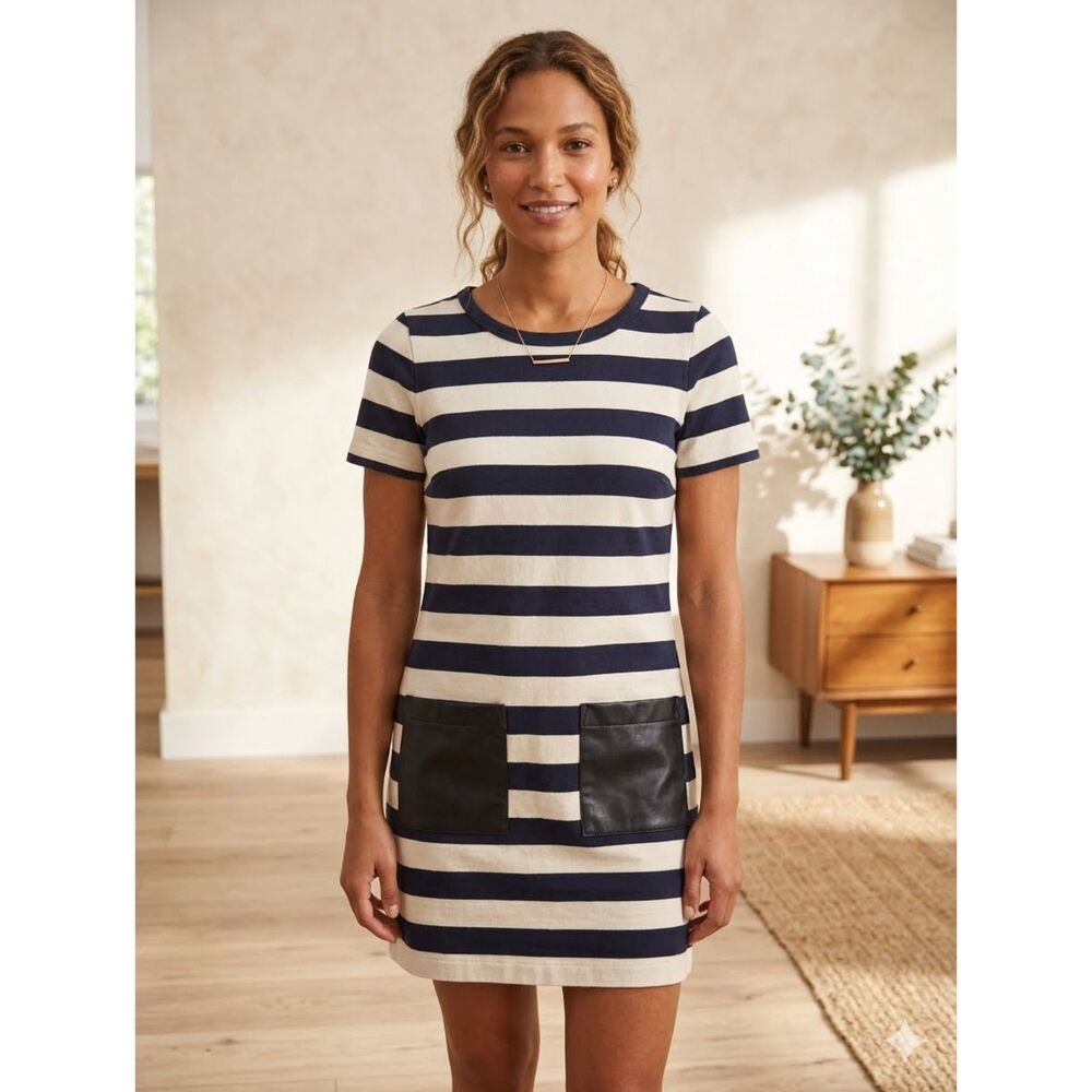 J.Crew Factory Dress Womens XS Tan Blue Stripe Mini Shirt Dress Pockets